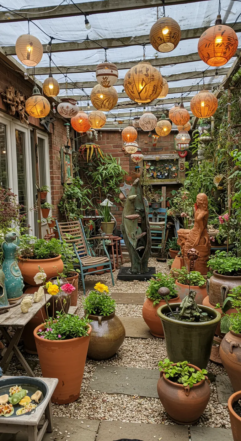 An eclectic patio filled with various planters, sculptures, paper lanterns, and mismatched furniture.