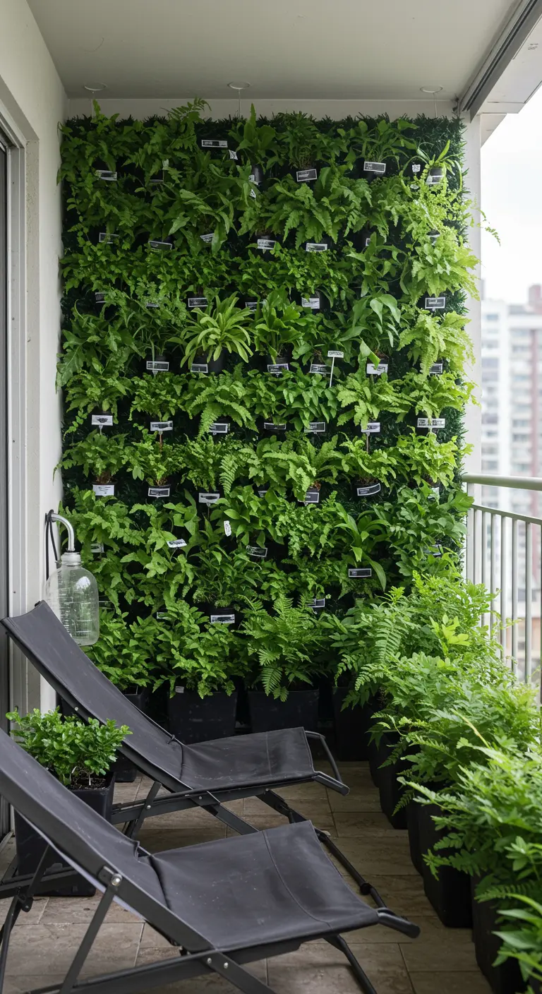 A living wall of various fern species, each with a small identification tag.