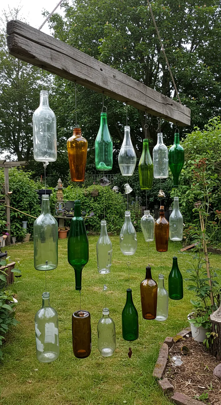 An eclectic mix of clear, green, and brown glass bottles hanging from a beam in a garden.
