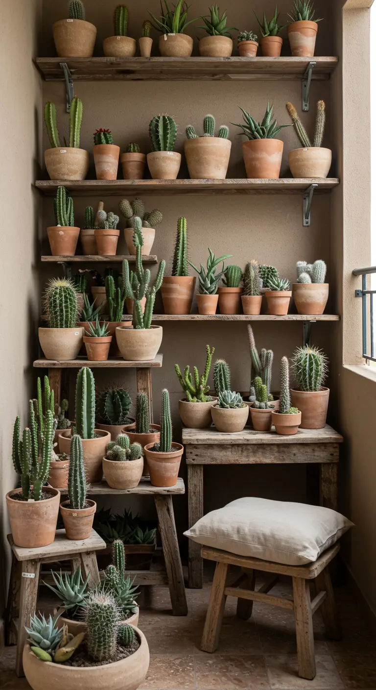 A narrow balcony filled with rustic shelves holding a large collection of cacti and succulents.