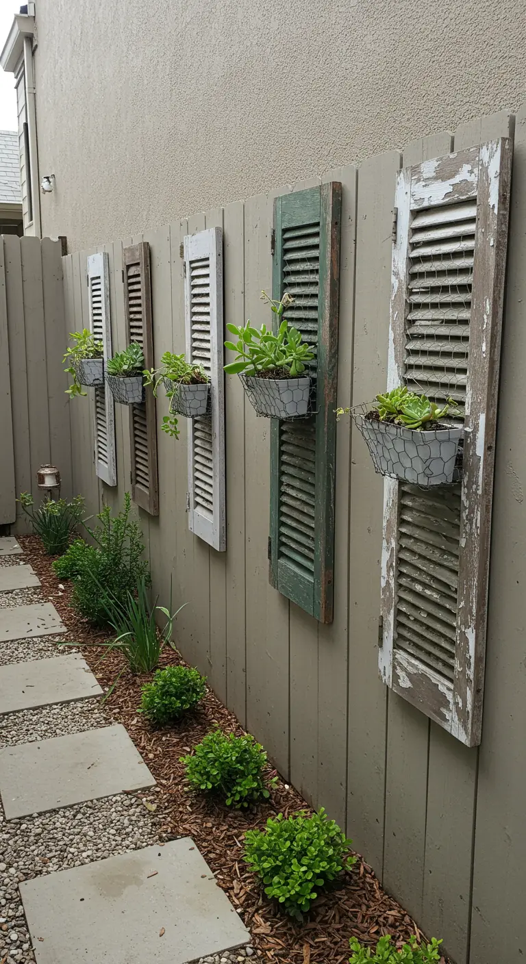 A row of mismatched, distressed shutters with planters on a fence.