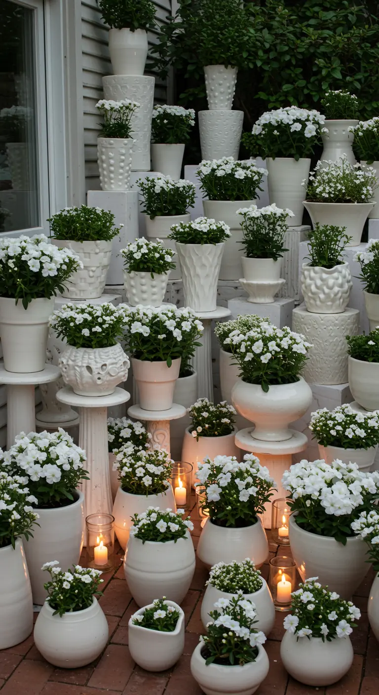 A dense collection of different white ceramic pots at various heights, all filled with white flowers.