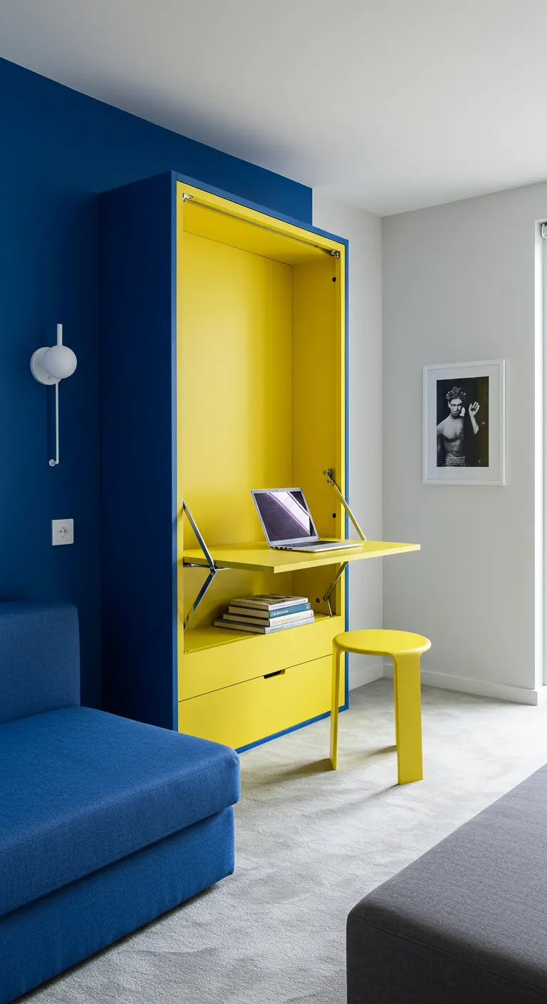 A blue Murphy bed unit that opens to reveal a bright yellow interior and desk.