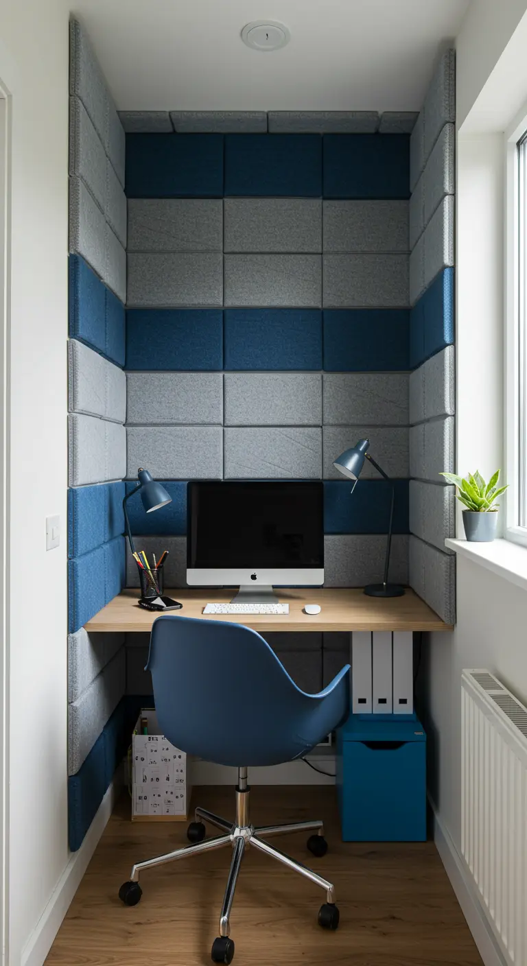 A small desk nook lined with blue and gray acoustic panels in a striped pattern.