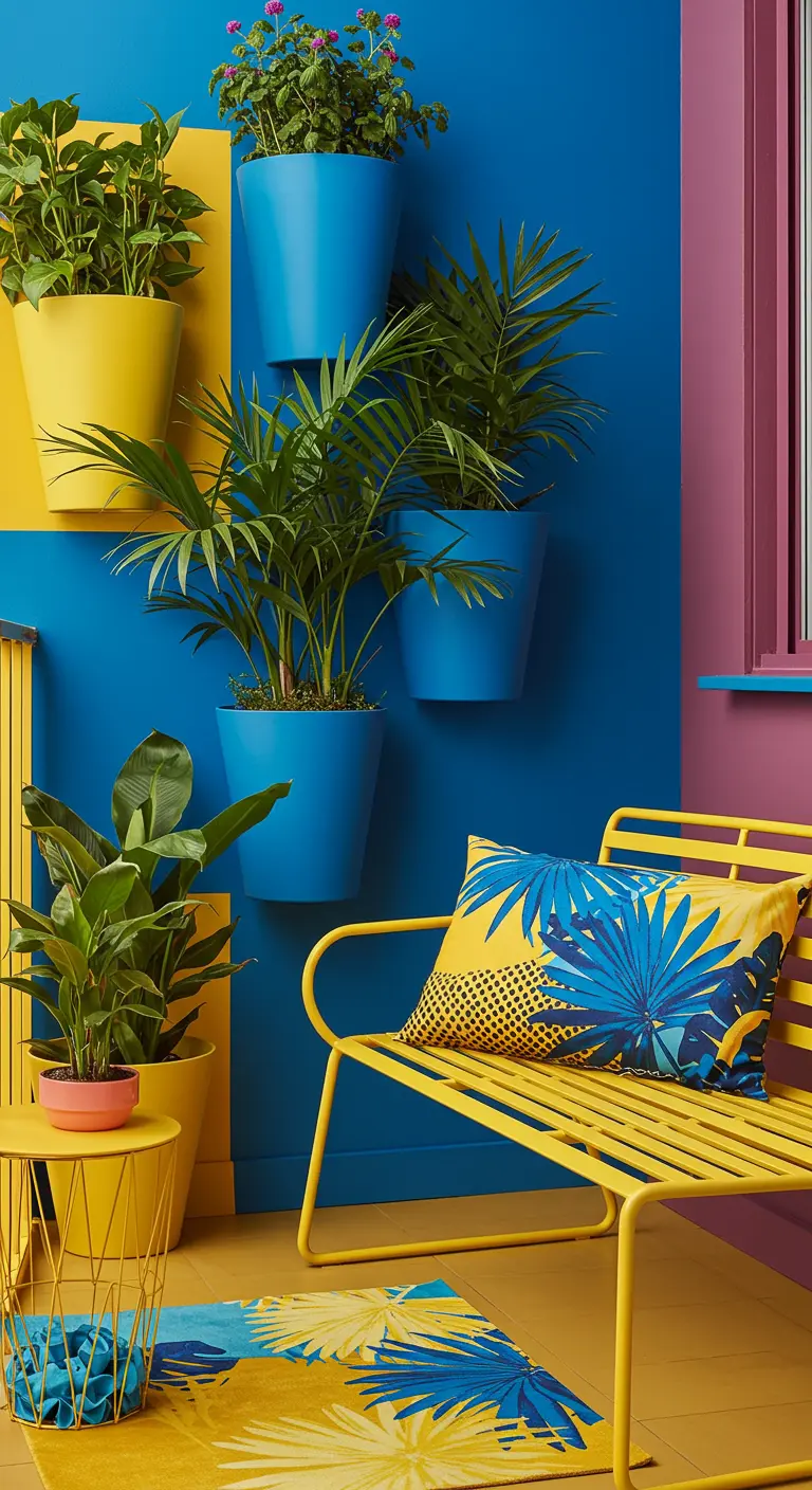 A vibrant balcony with a blue wall, yellow bench, and matching color-blocked planters.
