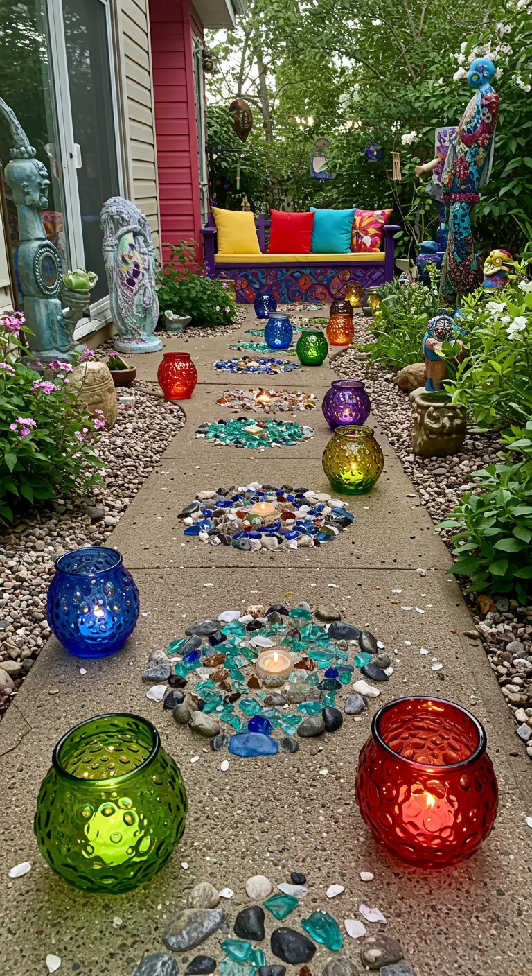 A concrete path with colorful glass mosaics is lined with vibrant glass votive holders.