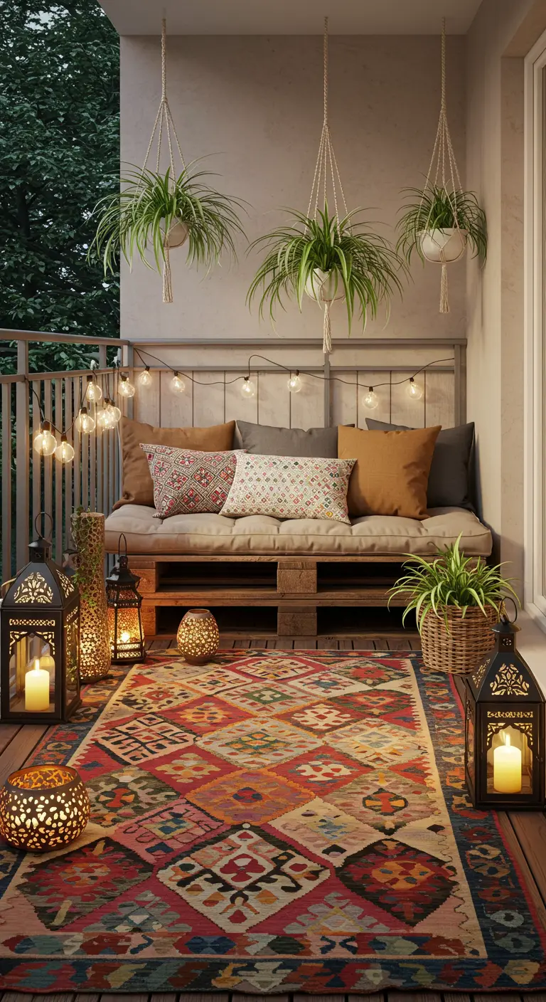 A balcony with a pallet bench, a colorful diamond-patterned rug, and string lights.