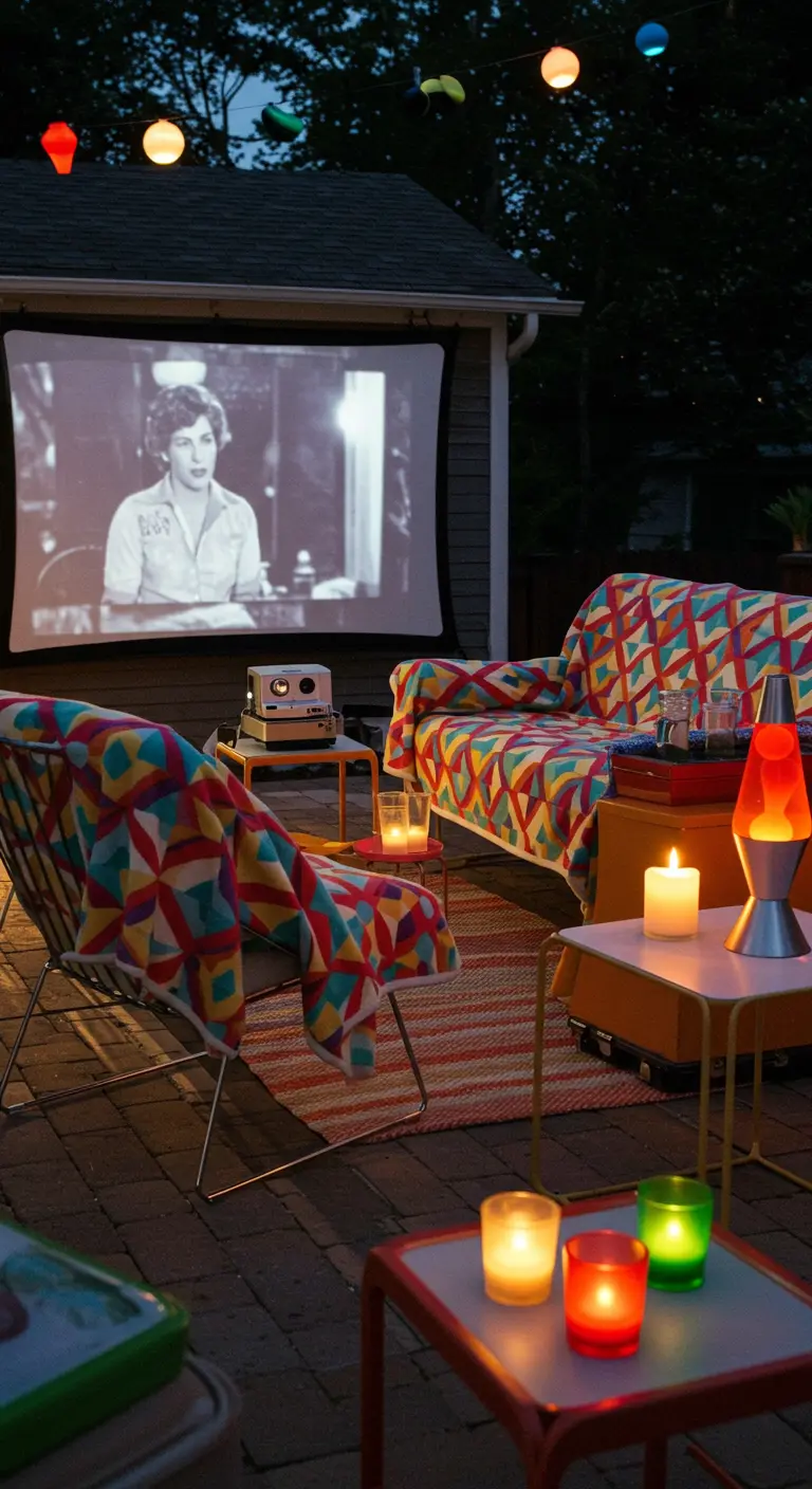A retro-themed outdoor movie night with colorful patterned blankets, a lava lamp, and colored candles.