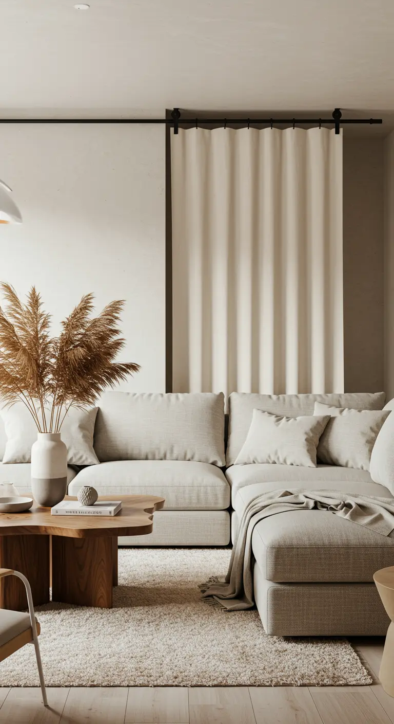 A warm, neutral living room with a beige sectional and pampas grass in a vase.