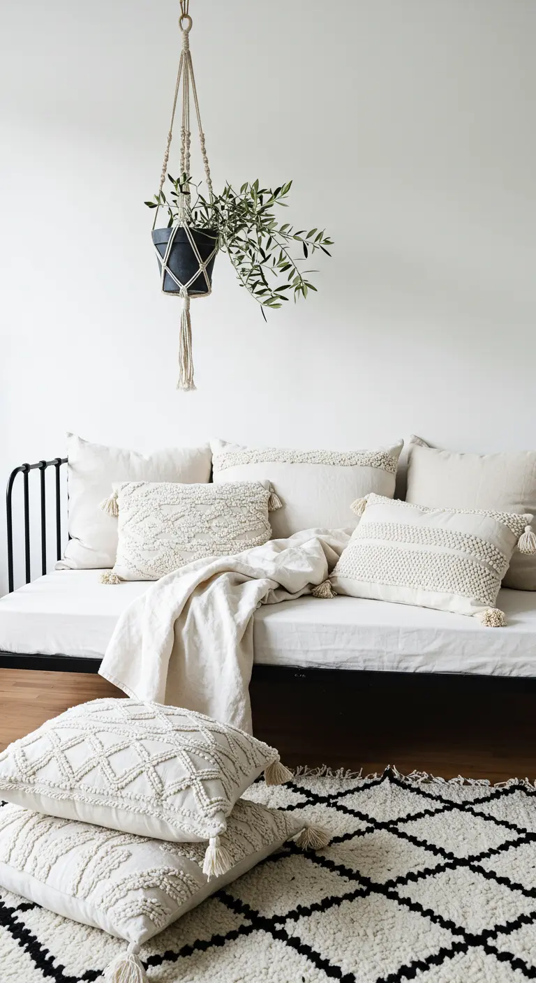 A black metal daybed covered in white textured pillows with a macrame plant hanger above.