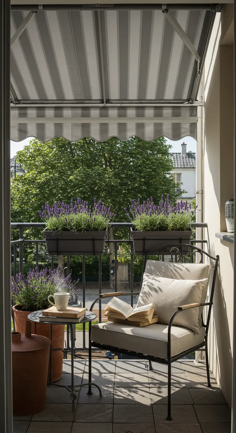 A balcony with one large, comfortable armchair, a small side table, and lavender planters.