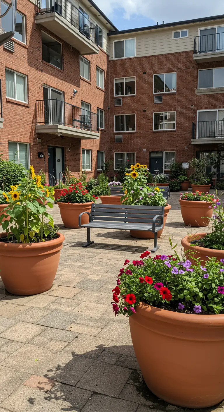 A brick courtyard with a public park bench surrounded by large terracotta planters of sunflowers.