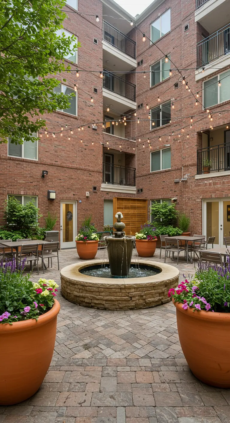 A large brick courtyard with a central fountain, dining sets, and crisscrossing string lights.