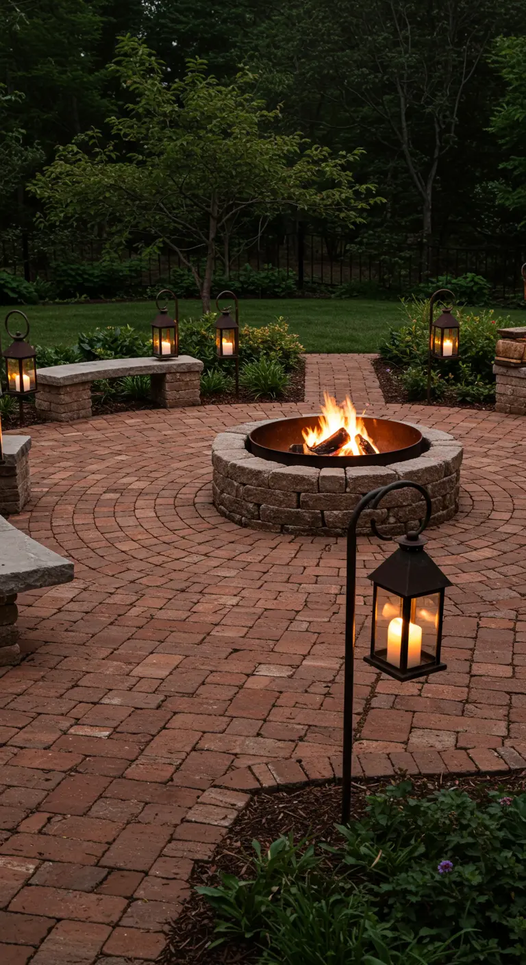 Lanterns on hooks encircle a round brick patio with a fire pit and stone benches.