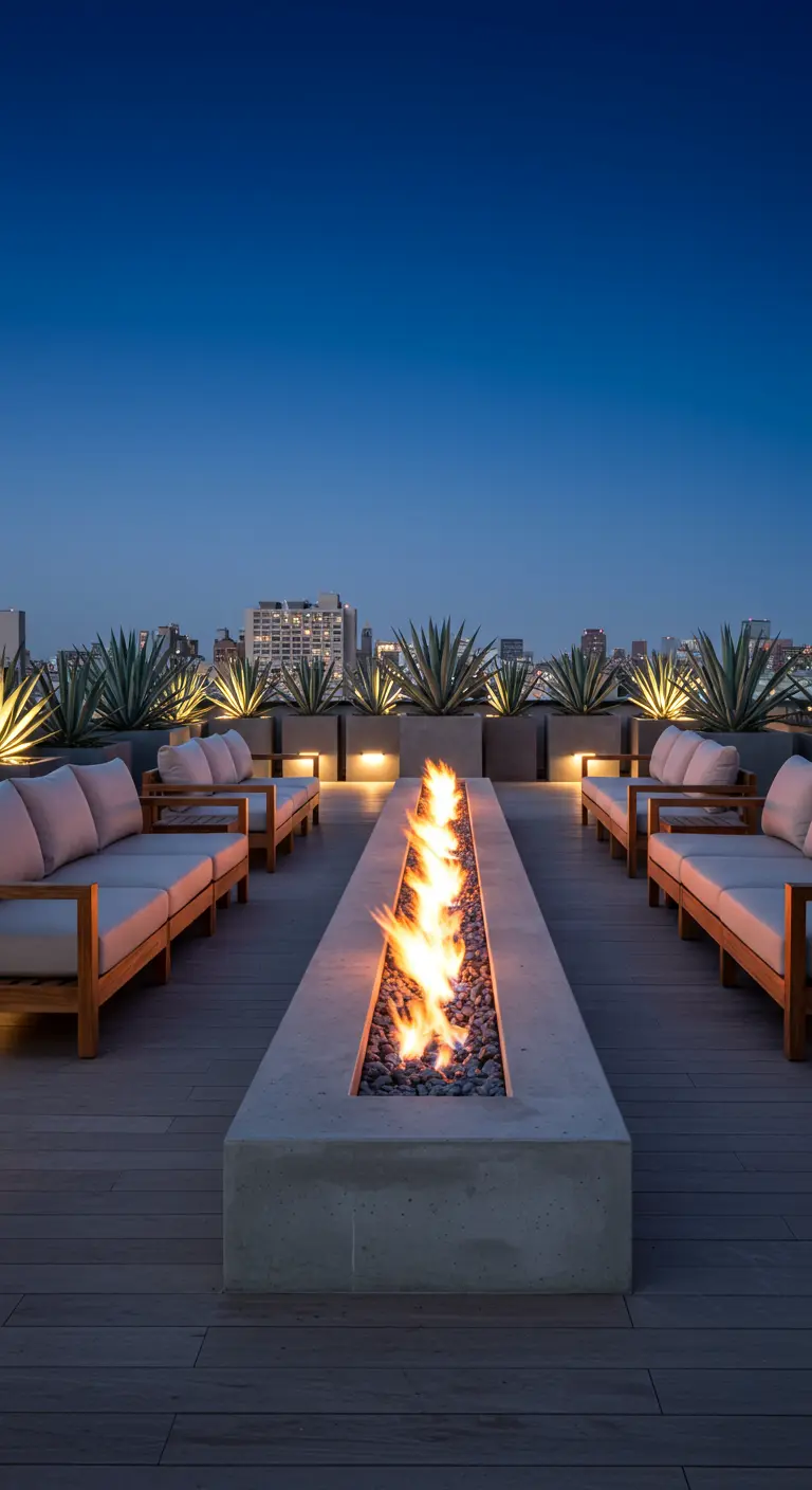 A long gas fire pit on a rooftop patio surrounded by modern sofas and illuminated agave plants.