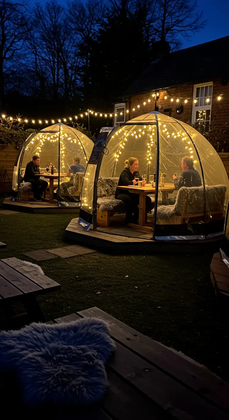 Two illuminated dining pods in a garden at night, with people dining inside.