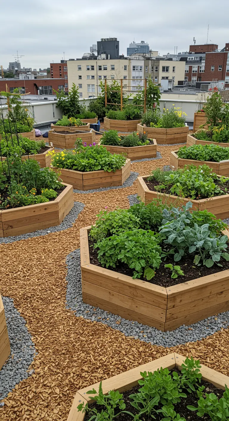 A community garden with hexagonal raised beds and wood chip paths.