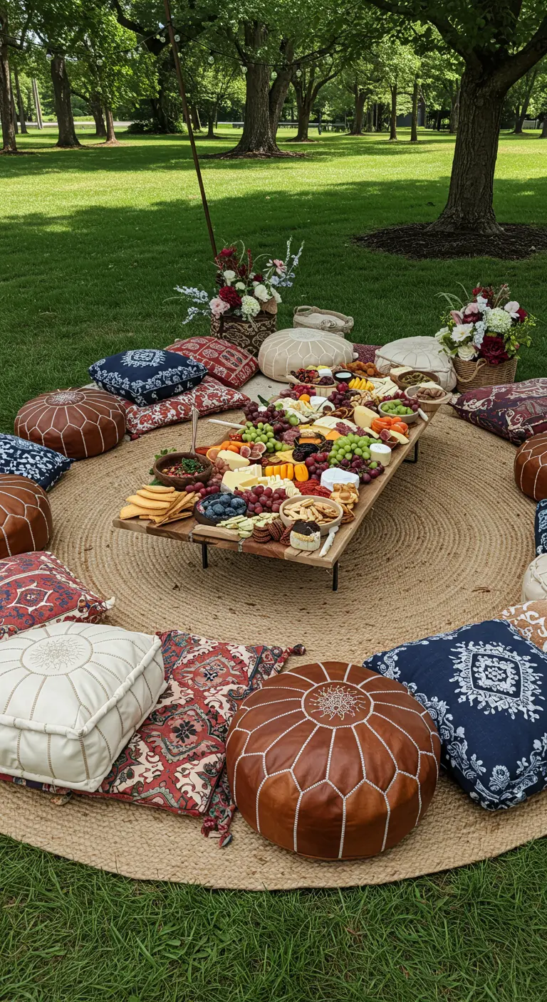 A low, circular picnic setup on a jute rug with a long charcuterie board and floor pillows.