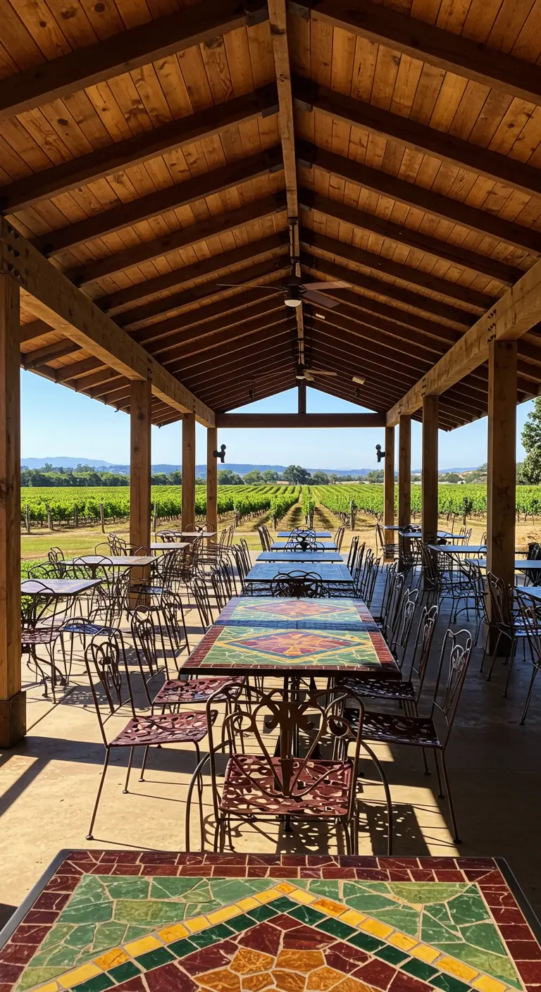 A long table made of multiple mosaic tabletops under a covered pavilion overlooking a vineyard.