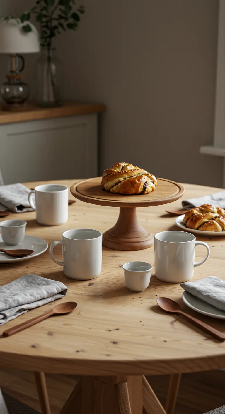 A round wooden table with a pastry on a cake stand, white mugs, and wooden spoons.