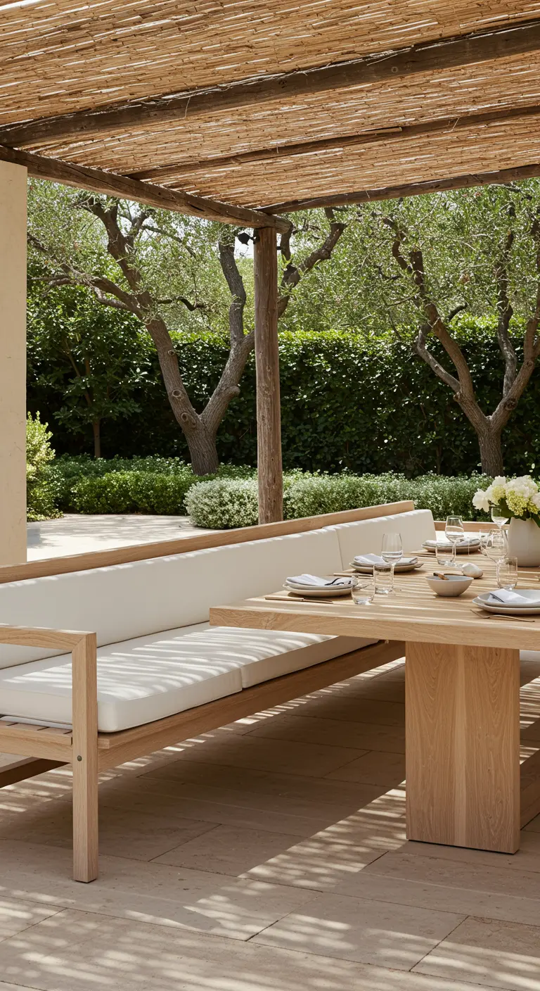 A long wood bench with a white cushion serves as seating for an outdoor dining table.