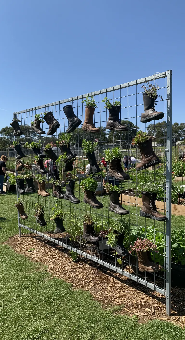 A freestanding trellis in a large garden covered in various boot planters.