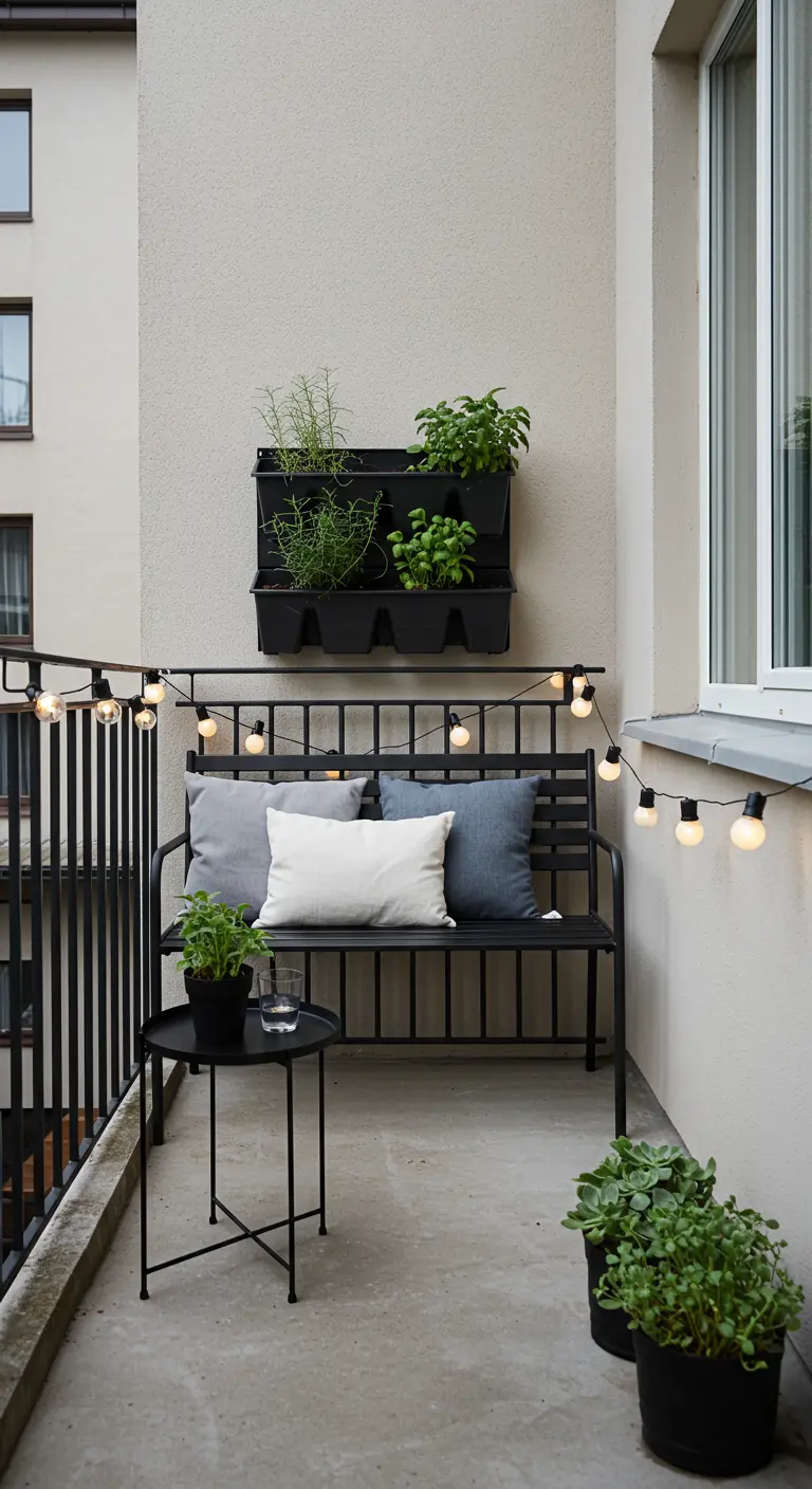 A small balcony with a black bench, cozy pillows, and a vertical herb garden on the wall.