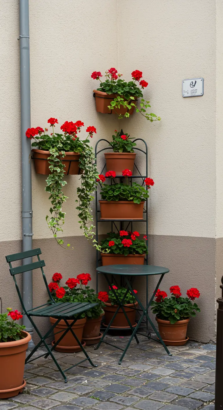 A cozy corner with a green metal bistro set and a matching baker's rack filled with red geraniums.