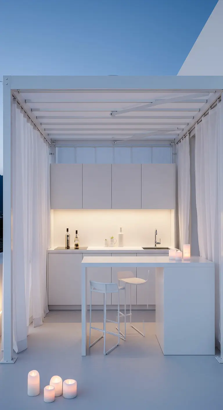 A minimalist white outdoor kitchen inside a pergola with sheer drapes and soft lighting.