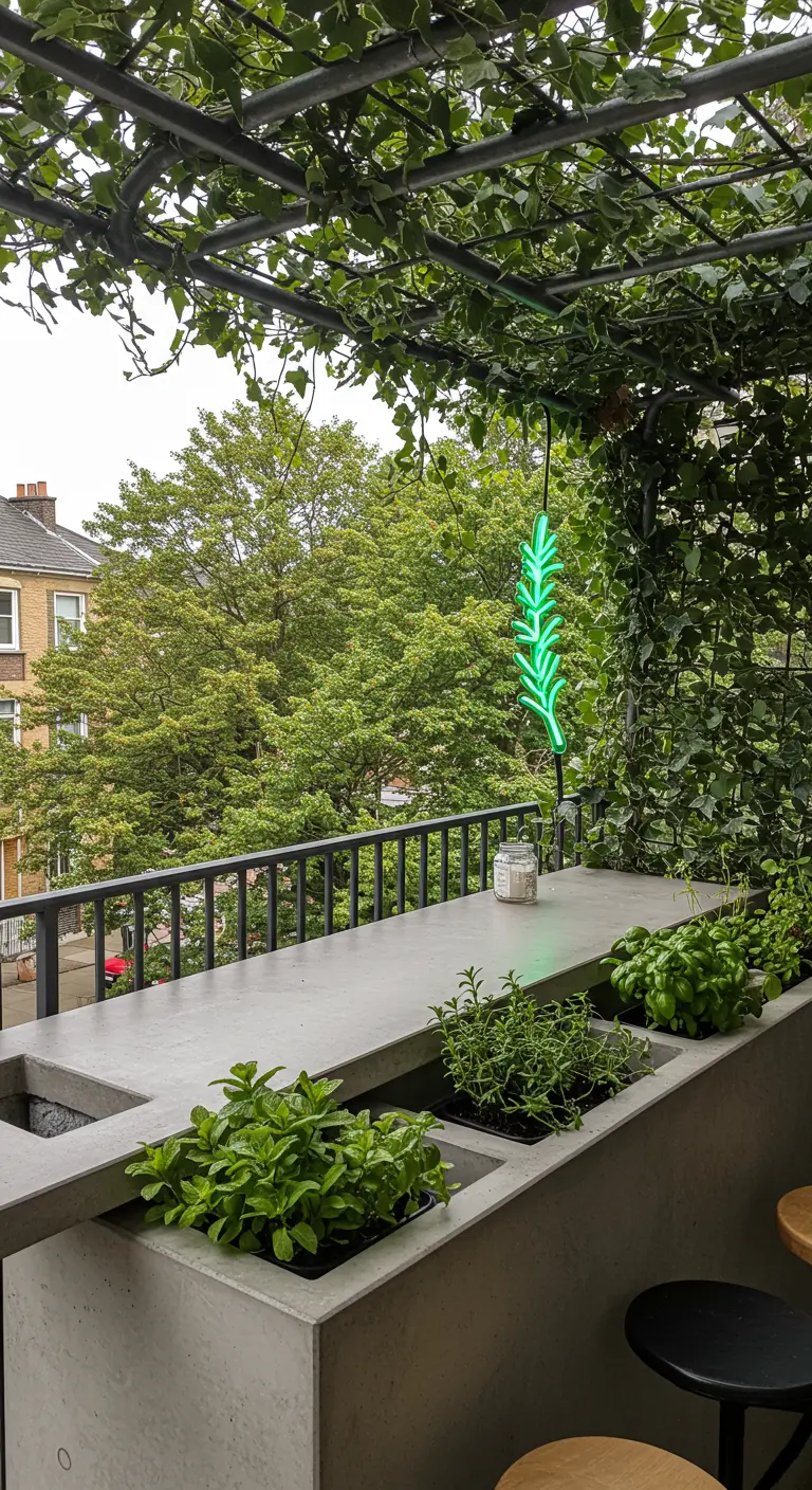 A concrete balcony bar with built-in planters filled with fresh herbs like mint and basil.