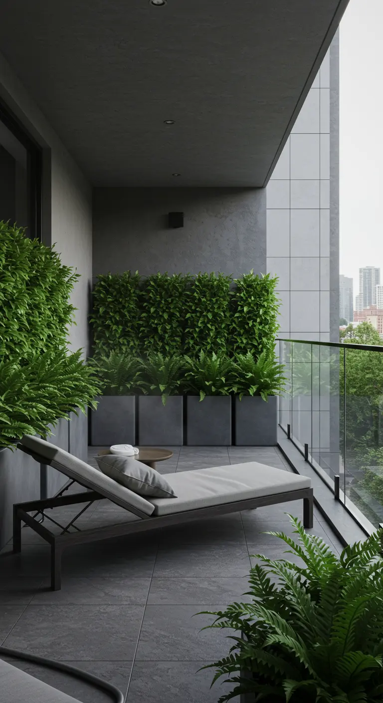 A minimalist grey balcony with a row of fern planters and a modern lounger.