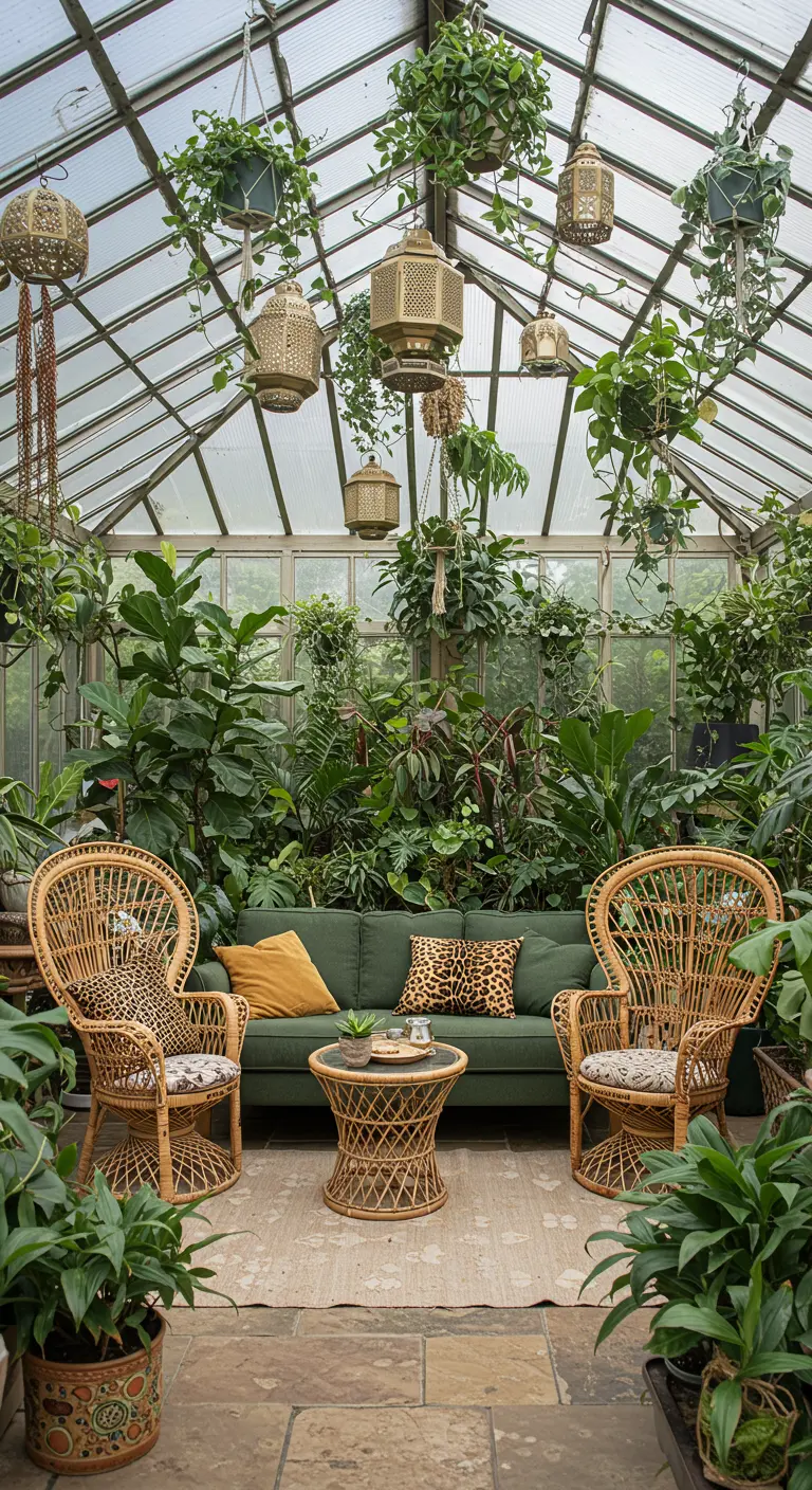 A greenhouse filled with plants, wicker peacock chairs, and brass lanterns hanging from the ceiling.