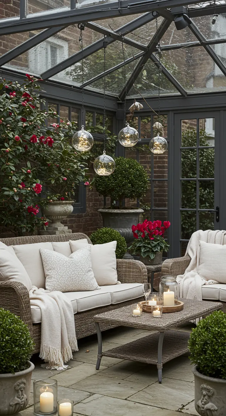 A glass conservatory with wicker furniture, flowering plants, and hanging glass orb lights.