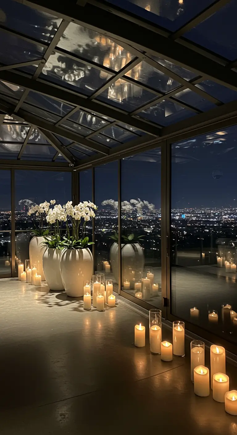 A glass-enclosed patio at night, filled with white orchids and countless glowing candles.