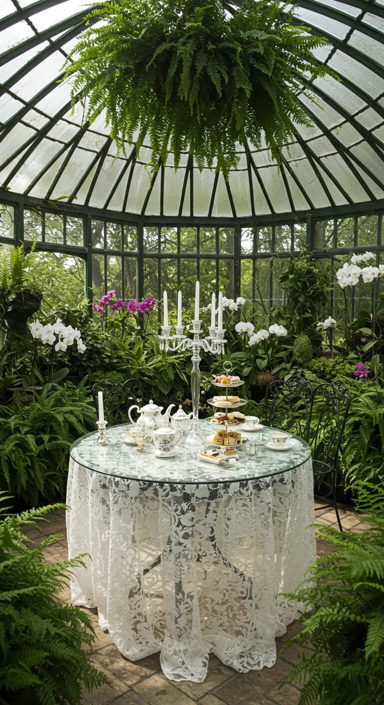 An elegant tea party setup inside a glass greenhouse, surrounded by orchids and lush ferns.