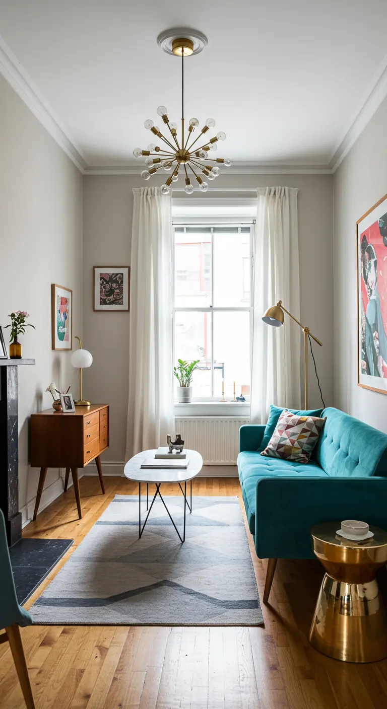 A mid-century modern living room with a teal sofa, wooden console table, and a brass sputnik chandelier.