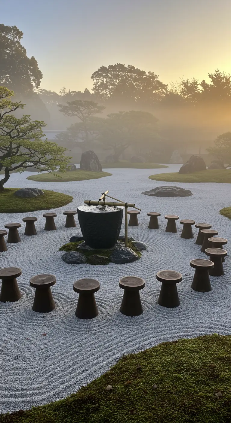 A zen garden with simple wooden stools arranged in a circle around a stone water feature at sunrise.