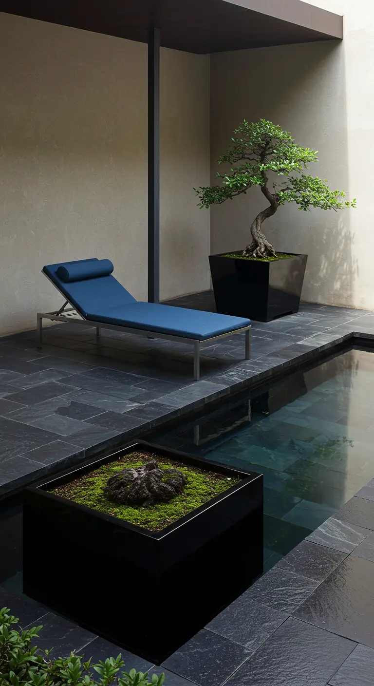 A blue chaise lounge by a dark pool, facing a stunning bonsai tree in a black planter.