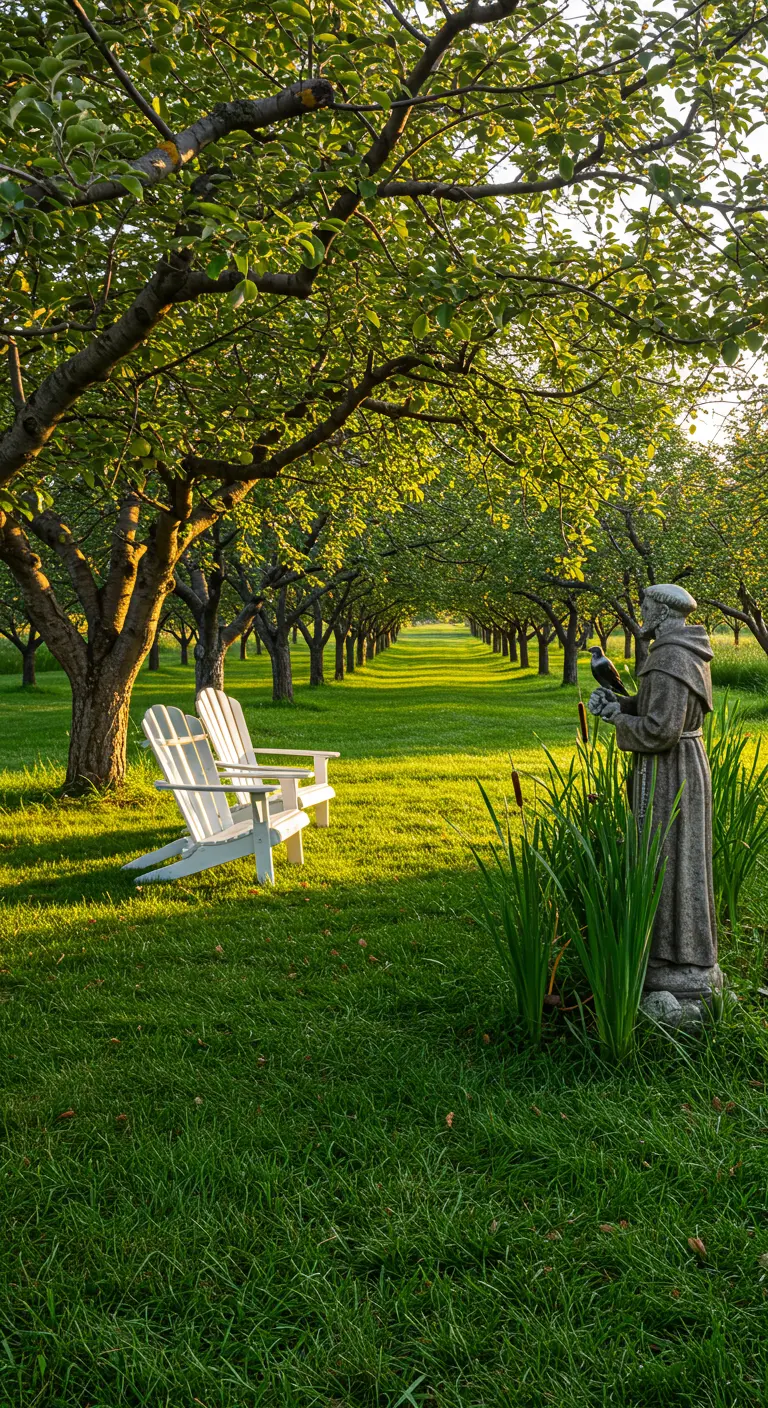 A statue of a monk stands in a grassy orchard near two white Adirondack chairs.