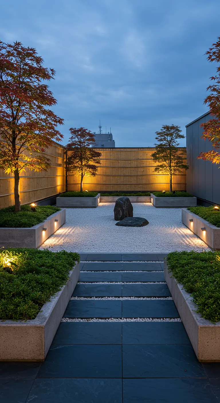 A modern rooftop zen garden with gravel, a central rock, and uplighting at dusk.
