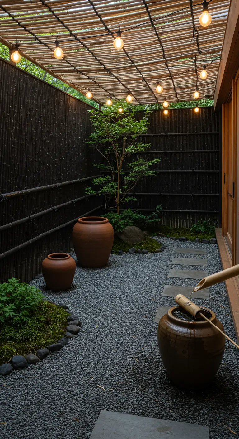 A Japanese-inspired garden with raked gravel, large clay urns, and a bamboo water feature.