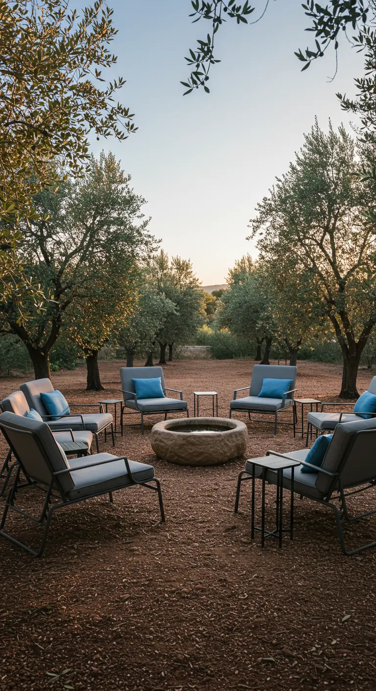 A circle of modern gray loungers arranged around a large, low stone water basin.