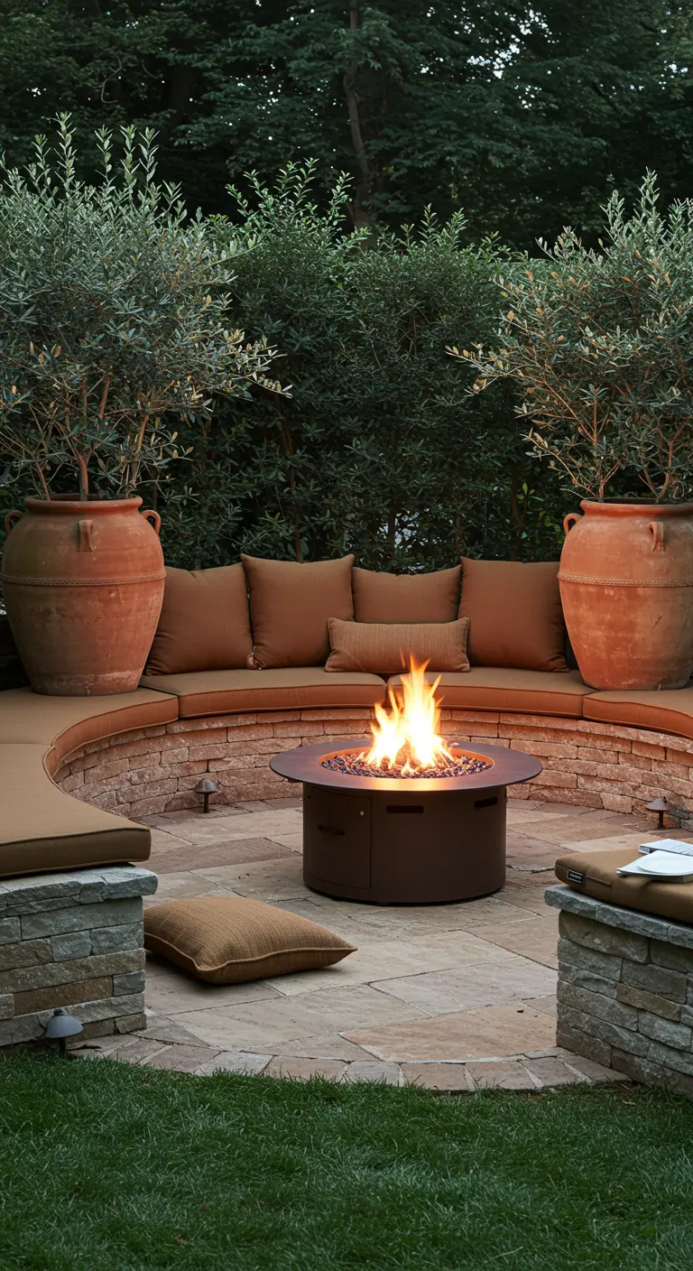 A curved stone bench with cushions encircles a fire pit, flanked by large terracotta urns.