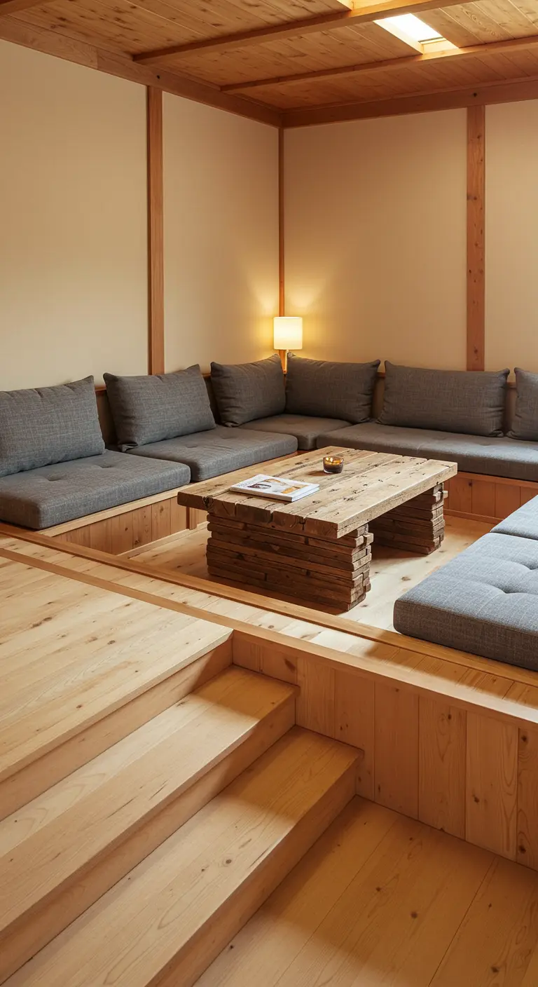 A sunken living room with built-in gray seating and a rustic wood block coffee table.
