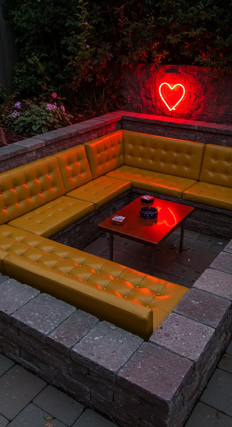 A sunken conversation pit with yellow tufted vinyl seating and a red neon heart.