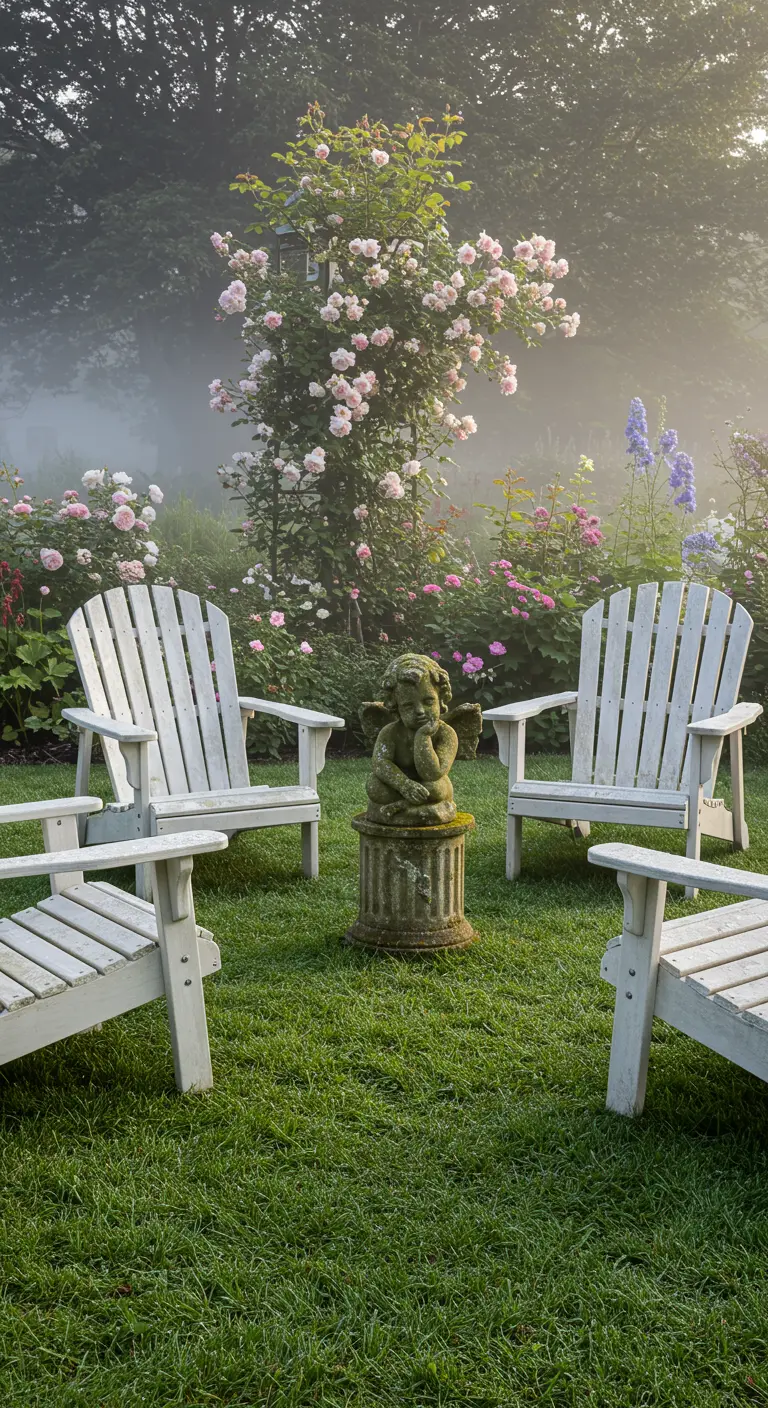 Four white Adirondack chairs in a circle on a lawn with a mossy cherub statue in the center.
