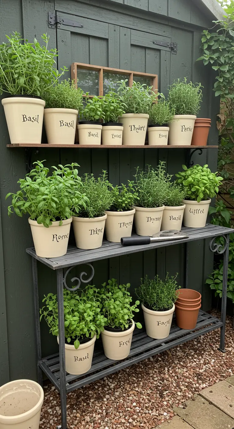 Labeled terracotta pots filled with fresh herbs on a multi-tiered console table.
