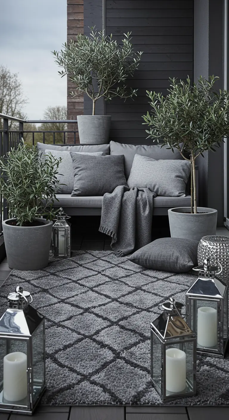 A sophisticated grey monochrome balcony with a plush grey rug, a grey sofa, and chrome lanterns.
