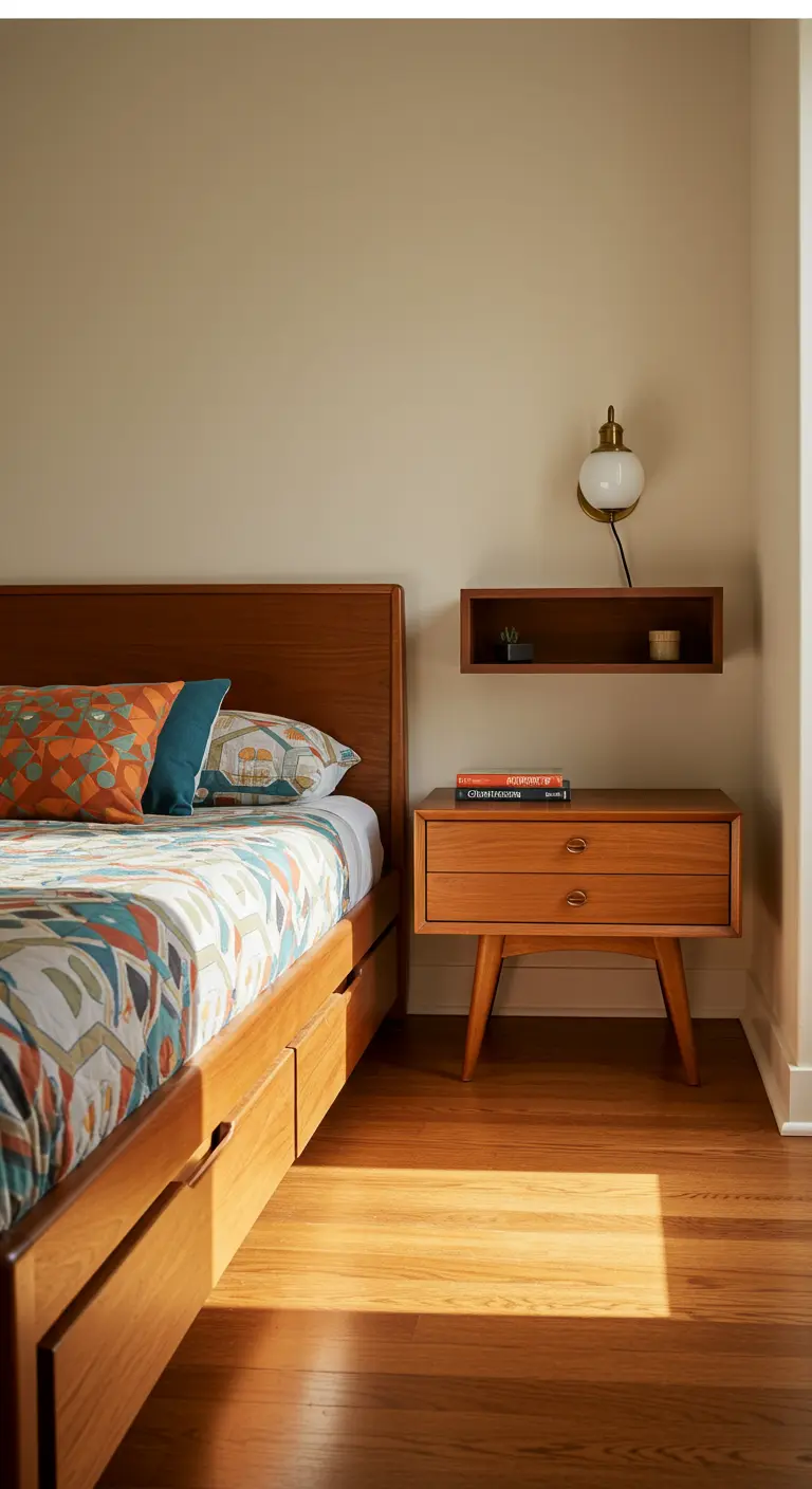 Mid-century modern bedroom with wood bed, drawers, and a matching nightstand.