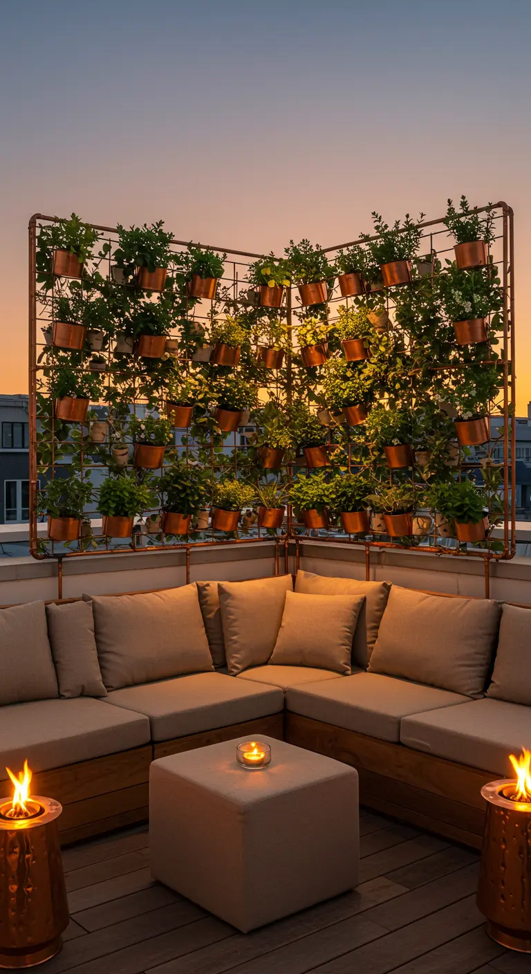 A rooftop lounge with a large copper grid holding planters, with copper fire pits glowing at dusk.